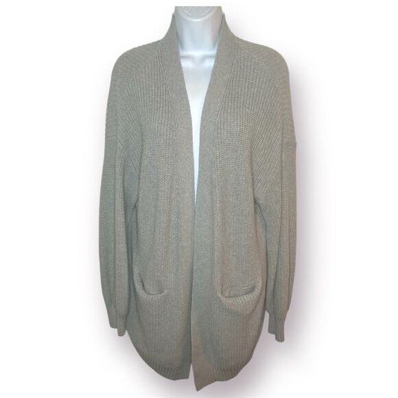 Tahari Gray Cotton Luxe Open Front Cardigan Pockets M - Picture 1 of 10